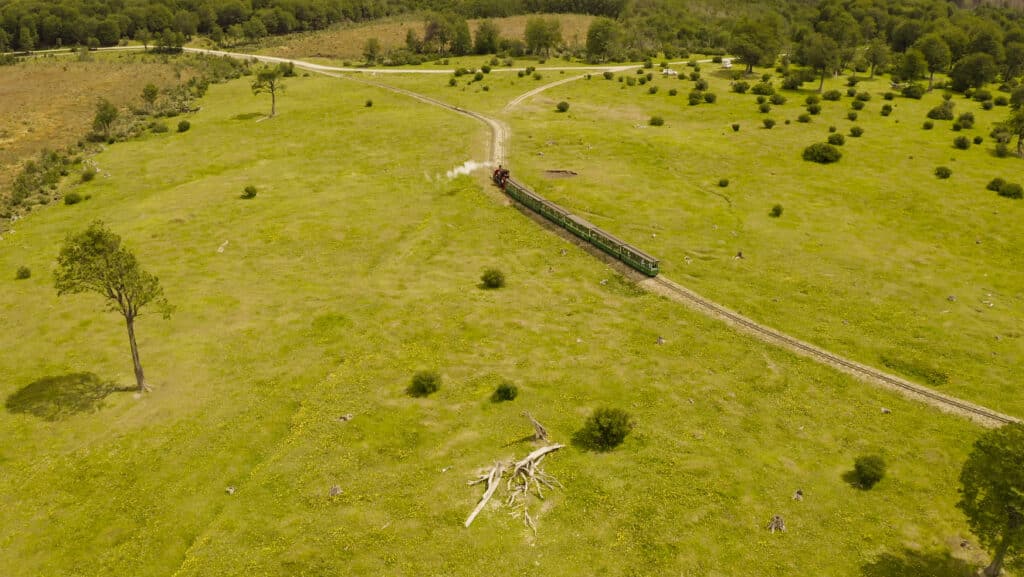 Vista panoràmica de uno de los trenes del fin del mundo realizando su recorrido por el bosque fueguino desde arriba