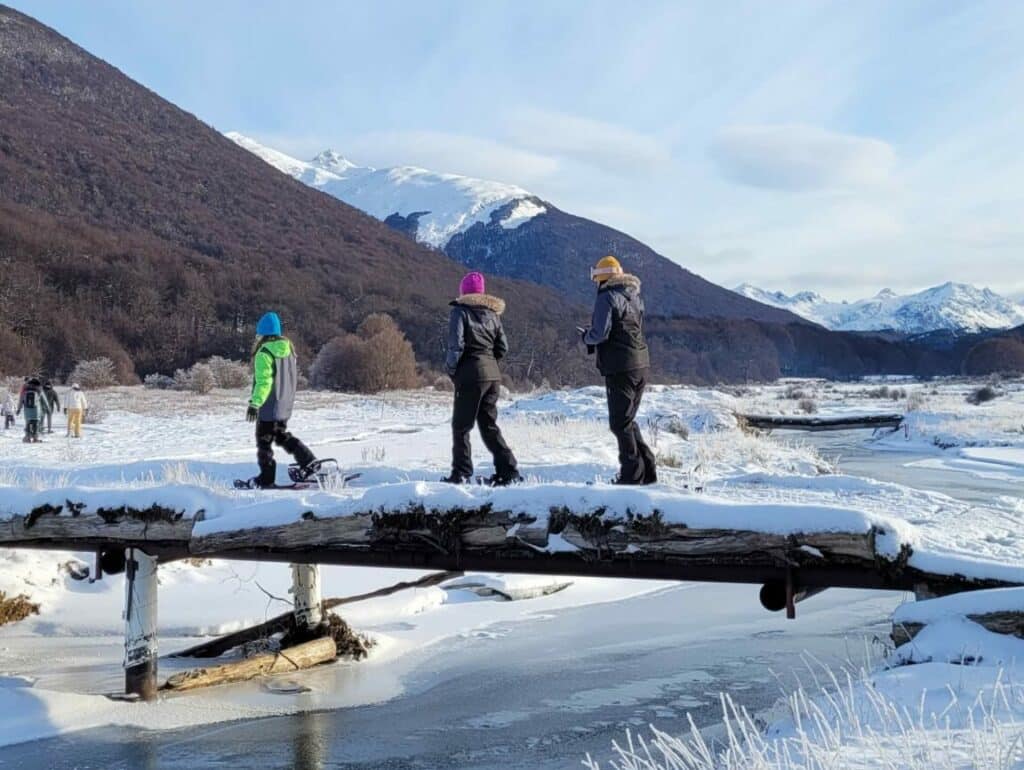Excursionistas disfrutando de caminata en raquetas de nieve