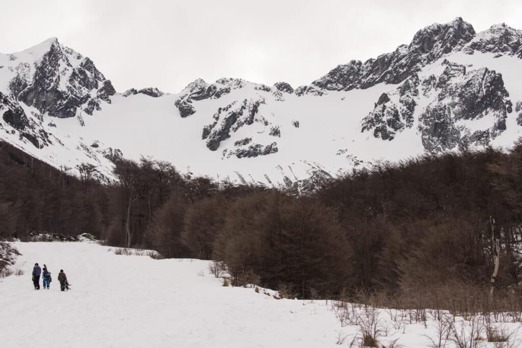 Excursionistas caminando por los bosques fueguinos del Glaciar Martial durante la temporada invernal