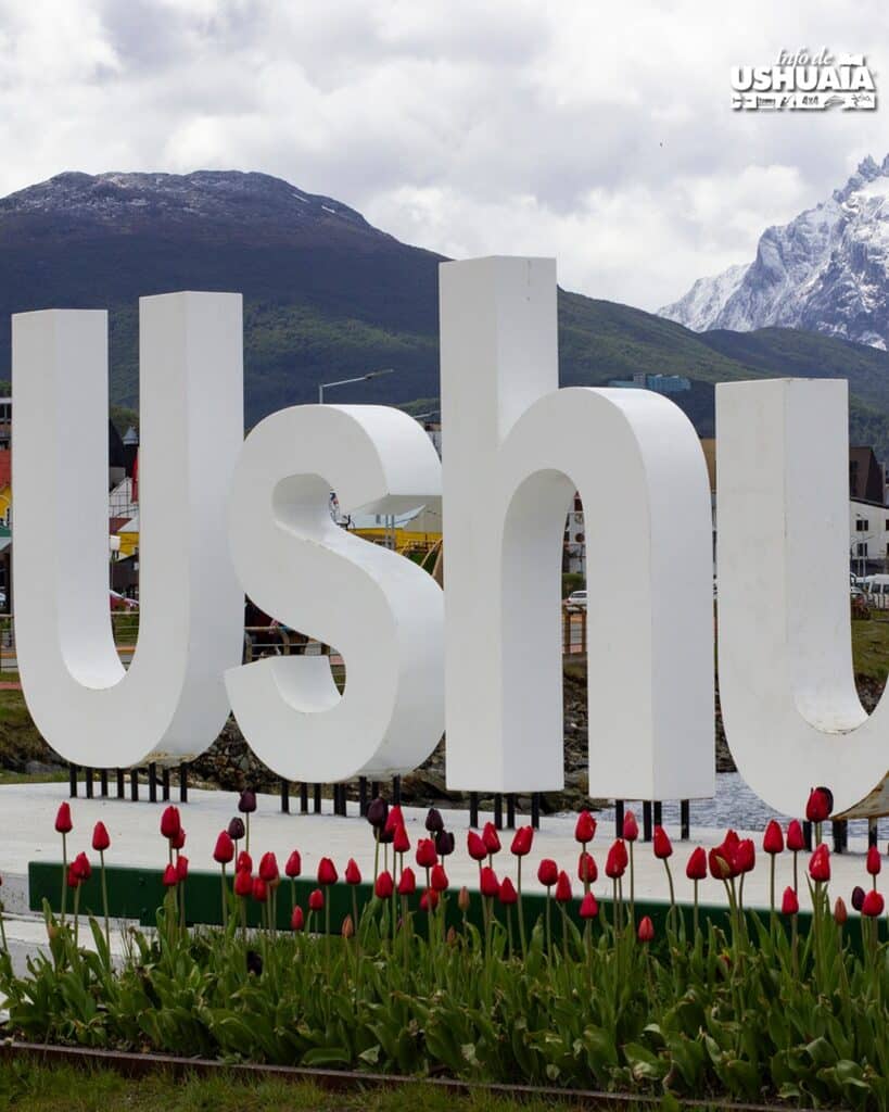 cartel corporeo de Ushuaia con tulipanes durante la Primavera en Ushuaia