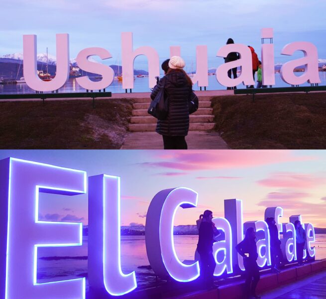 Carteles de bienvenida en Ushuaia y El Calafate, íconos del fin del mundo y la Patagonia argentina.